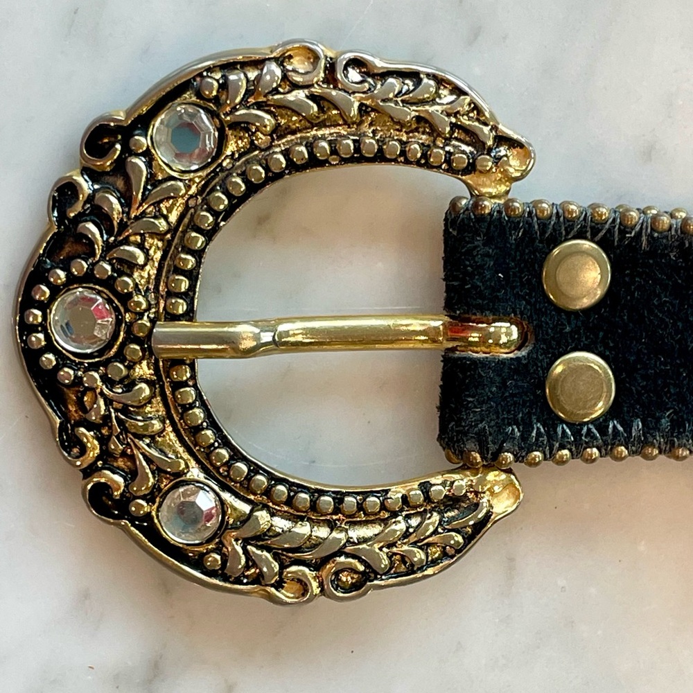 Streets Ahead Suede Belt, Ornate Gold Buckle, beaded trim, black - Picture 7 of 14